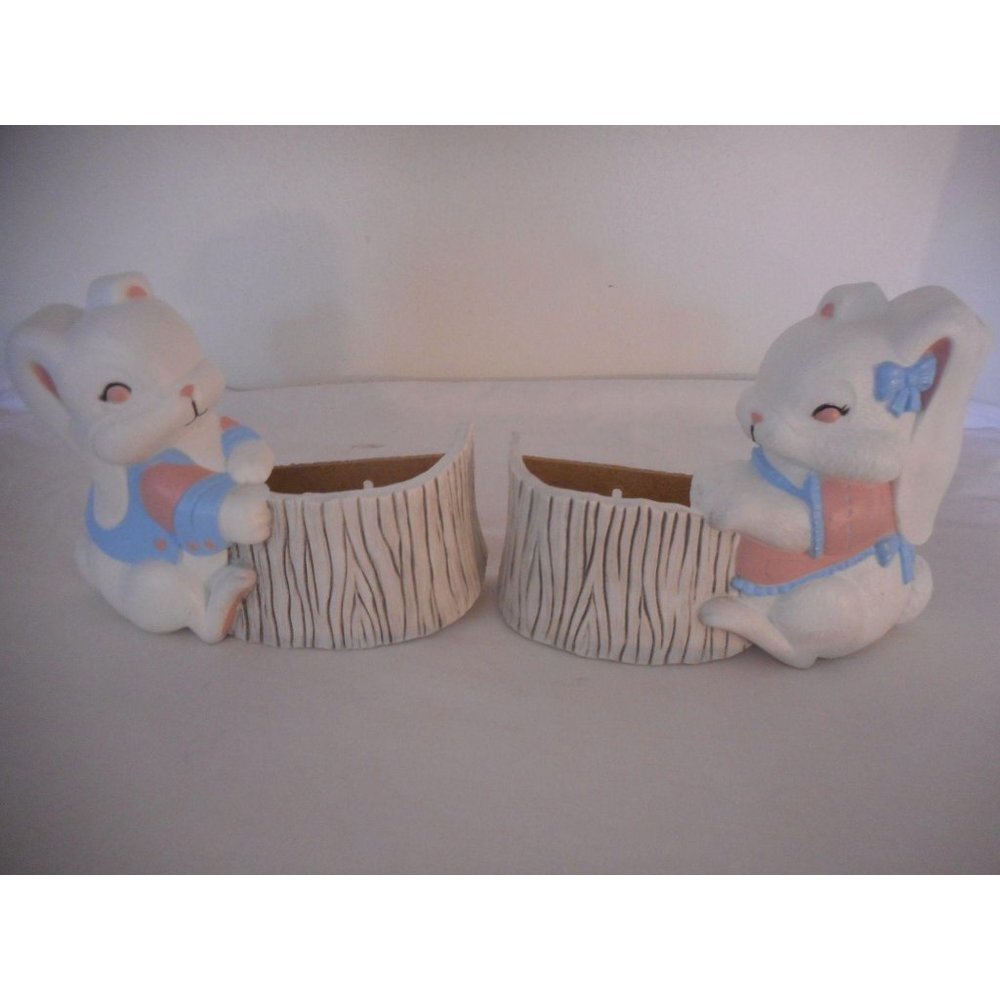 Vtg Homco Boy/Girl Easter Bunny wall decor pocket